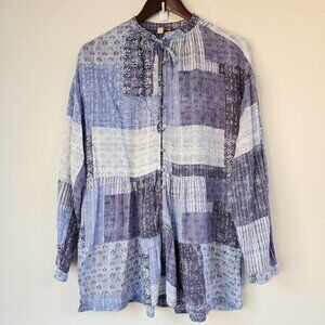 ANTHROPOLOGIE PILCRO Patchwork Print Boho Tiered Tunic Top 100% Cotton Sz M